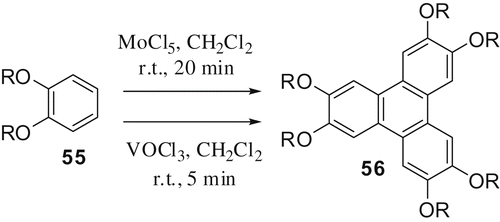 Scheme 13. Oxidative trimerisation of 1,2-dialkoxybenzene to hexaalkoxytriphenylene using MoCl5 or VOCl3.