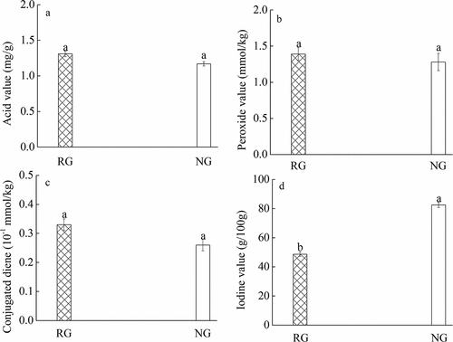 Figure 3. Compared analysis of oxidation and stability degree of yellow nutsedges in roasted group (RG) and non-roasted group (NG), acid value (a), peroxide value (b), conjugated diene (c) and iodine value (d). The same letter a indicates no significant difference between the two groups. The letters a and b indicate a significant difference between the two groups at 0.05 level.