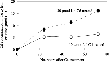 Figure 3  Cadmium concentration in the xylem exudate collected from oilseed rape plants. Plants were treated with 10 µmol L−1 (○) and 30 µmol L−1 (•) Cd for 24, 48 and 72 h. Data are the mean ± standard deviation of three independent samples.