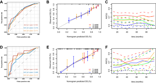 Figure 5 Validation of the prognostic nomogram model. (A) The AUC values of 1-, 3-, and 5-year in the training cohort. (B) Calibration plots of the nomogram model at 1-, 3-, and 5-year in the training cohort. (C) Time independent ROC curves compared the predictive accuracy (C-index with its 95% CI) of the current model (the red line) and other staging systems (green line: ISS staging system; Orange line: R-ISS staging system; blue line:DS staging system) of MM in the training cohort. (D) The AUC values of 1-,3-,5-year in the validation cohort. (E) Calibration plots of the nomogram model at 1-, 3-, and 5-year in the validation cohort. (F) Time-independent ROC curves compared the predictive accuracy (C-index with its 95% CI) of the current model (the red line) and other staging systems of MM (green line: ISS staging system; Orange line: R-ISS staging system; blue line:DS staging system) in the validation cohort.