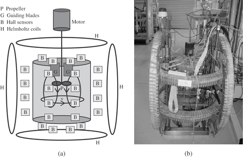 Figure 1. (a) Scheme and (b) general view of the velocity reconstruction experiment. The vessel is embedded in two pairs of Helmholtz coils.