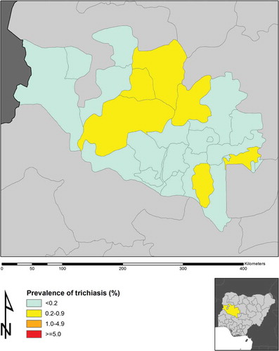 Figure 2. Prevalence of trichiasis in adults 15 years and older, by local government area, Niger State, Nigeria, Global Trachoma Mapping Project, 2014.