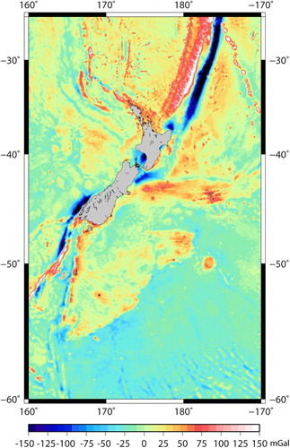 Figure 5. Grid of Sandwell et al. (Citation2014) satellite altimetry-derived gravity anomaly (mGal) corrected for topography (masked on shore) over the region 25°S to 60°S and 160°E to 170°W.