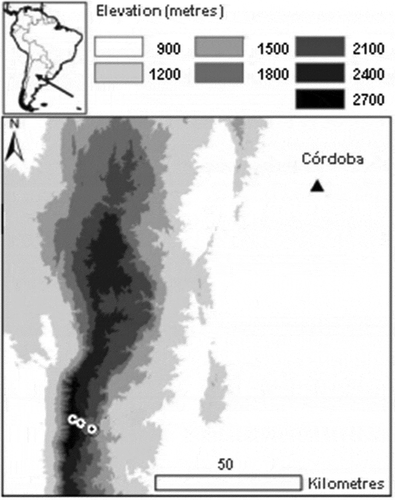 Figure 1. Map of the study area. The location of the mountains of central Argentina in South America is shown in the upper left. The elevation belts are of the mountains are shown in grey scales. Circles represent the three elevation sites (at 1600, 2200 and 2400 m a.s.l.). The most important city in the region is indicated