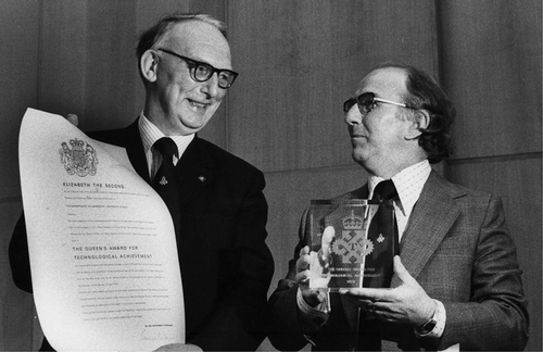 Figure 10.1. Professors Norman Chapman and George Gray display the Queen’s Award citation and emblem in the University’s Middleton Hall after the presentation in 1980. © [G. W. Gray]. Reproduced by permission of J. Goodby and P. B. Wells from a picture given by G. W. Gray.