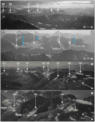 Figure 11. Oblique aerial photographs taken on (A) 8 March 1952 and (C) 31 July 1952 and alongside a zoomed and cropped copy of the aforementioned images (B) and (D). Glaciers are labeled according to the Andreassen, Winsvold, et al. (Citation2012) glacier IDs. The dashed lines outline the visible moraines investigated in this study and the blue arrows in (B) show where glaciers were confluent with adjoining glaciers/ice bodies. Image source: National Library of Norway (Citation2019)