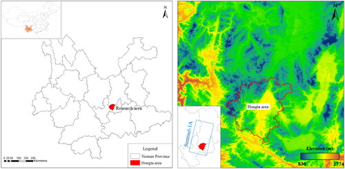 Figure 1. Study area location and DEM. The left picture shows the location of the study area and the right picture shows the DEM of the study area.