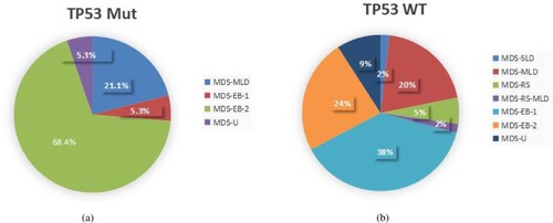 Figure 1. The subtypes of MDS based on WHO 2016 classification. (A) The TP53Mut group; (B) The TP53WT group.