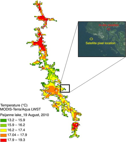 Fig. 2 Map showing combined MODIS-Aqua/Terra LSWT of Lake Päijänne (August 19, 2010) and the location of MODIS and SYKE observations used for comparison.