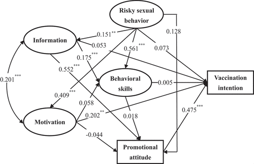 Figure 2. The adjusted standardized path estimates in the extended information-motivation-behavioral skills model.
