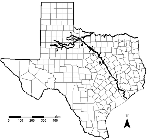 Figure 1 Map showing the location of Wichita River (fragments 1 and 2) and Brazos River fragments (3–7) studied herein. The arrow above fragment 3 indicates the location of the one dam currently permitted for construction on the Brazos River and its upper tributaries