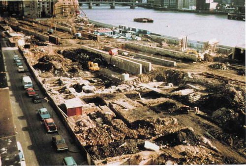 Figure 2. The scale of the excavation programme of Baynard’s Castile in 1972, which was set to be completed in only one month. The photo is credited to Milne, G, 2003. The port of medieval London. Stroud: Tempus Publishing. Pg 96/97.