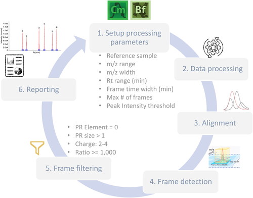 Figure 3. New Peak detection workflow for Chromeleon CDS and BioPharma Finder software for identification purposes. PR (pattern recognition) Element = 0, indicates only features with monoisotopic mass will be included. PR size > 1, indicates that at least one additional isotope must be detected. Ratio allows for a 1000-fold change (either more or less) in terms of average intensity.