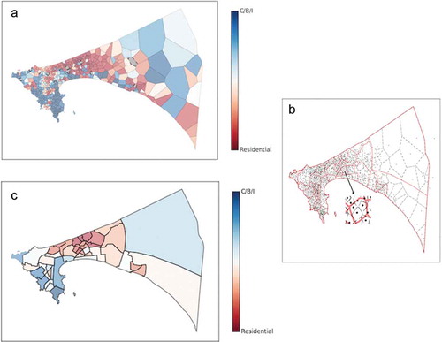 Figure 7. Estimated land use map based on call activities: (a) at the Voronoi polygon level, (b) intersection between Voronoi polygon (grey dashed line) and neighborhood (red solid line) boundaries, and (c) at the neighborhood level.