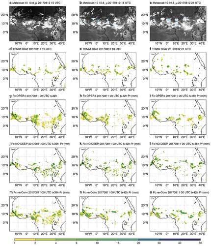 Fig. 17 Evolution of continental convective systems over tropical Africa during 12 September 2017 in 3-hourly slots from 15 to 21 UTC as seen by Meteosat-11 infrared image at 10.9 μ wavelength (a,b,c), as well as 3 hourly accumulated rainfall (mm) from 12 to 15, 15 to 18 and 18 to 21 UTC from the TRMM 3B42 product (d,e,f), from the 4 km IFS reforecasts with (g,h,i) (operational version) and without (j,k,l) the deep convection scheme, and with the revised deep convective closure (m,n,o). The IFS reforecasts start at 11 September 2017 at 00 UTC and use the model cycle operational in 2019. There is no TRMM 3B42 data East of 25°E at 21 UTC.