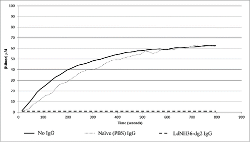 Figure 9. Antibody Inhibition of LdNH36-E-WT (non-polyhistidine tagged) Nucleoside Hydrolase Activity. LdNH36-E-WT alone shows hydrolysis of inosine to ribose that proceeds at a similar rate when purified IgG from sera of mice injected with PBS (naïve mice) is added to the reaction. Addition of purified IgG from sera of mice injected with LdNH36-dg2 completely inhibits the hydrolase activity.