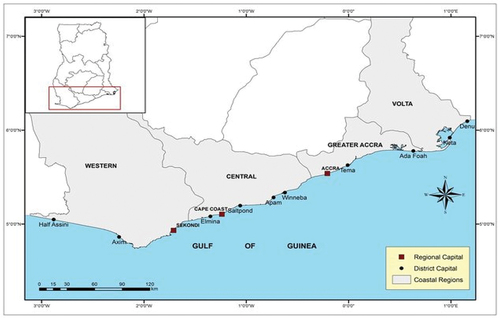 Figure 1. Map of Ghana showing the coastline and coastal regions (adapted from Ameyaw, Citation2017).