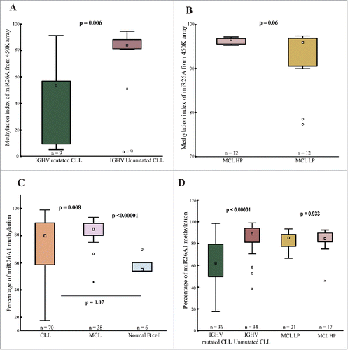 Figure 1. 450K methylation array and pyrosequencing data. Box plots showing miR26A1 methylation levels for CpG site cg26054057 in IGHV-mutated (n = 9) and IGHV-unmutated (n = 9) CLL (A) and MCL (B) samples based on 450K methylation array data. Box plots showing percentage of DNA methylation levels of miR26A1, as assessed by pyrosequencing in CLL (C) and MCL (D) primary samples along with normal B-cell controls.