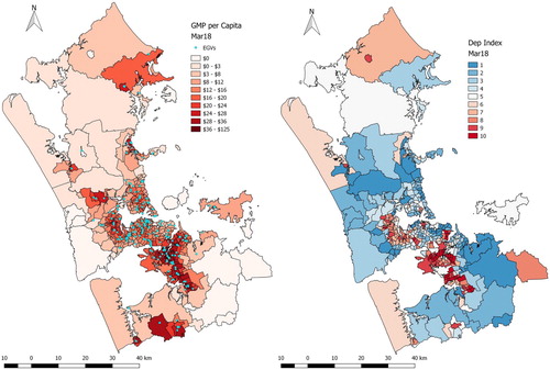 Figure 3. GMP per capita map (including location of EGVs) and Dynamic Deprivation Index map of Auckland as of Mar18.