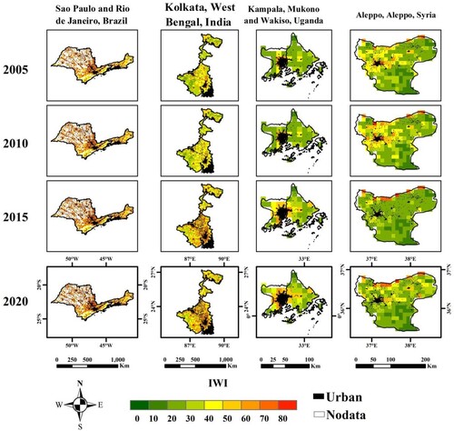 Figure 10. Spatial change map of IWI in typical regions from 2005 to 2020.