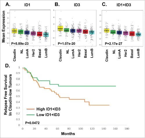 Figure 2. Prognostic Significance of ID1 and ID3 TGF-β Gene Expression in Relapse Free Survival. Box-and-whisker plots are representative of the expression ID1 gene expression (A, P = 5.89e-23), ID3 gene expression (B, P = 1.07e-20), and the average expression of ID1and ID3 genes (C, P = 2.17e-27) signatures were defined in the intrinsic breast cancer subtypes from UNC855 dataset.Citation48 D. Kaplan-Meier plot for relapse free survival in claudin-low tumors with log-rank test p-values. The P value compared high ID1 and ID3 expression to low ID1 and ID3 gene expression within claudin-low tumors using the UNC855 data set Citation48 (P = 0.0472).