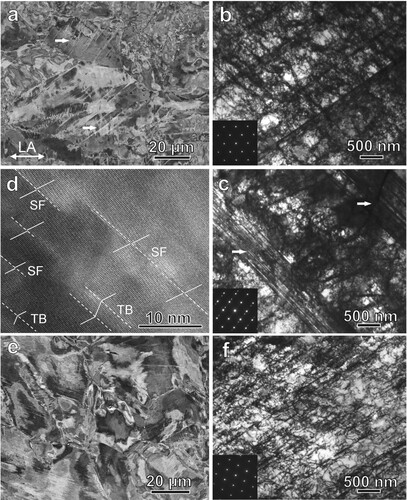 Figure 4. Deformed microstructure of HDC structures. SEM image (a), TEM images (b, c) and High resolution TEM image (d) in HDC-0.29 sample at a true strain of 24%, showing the evolved dislocation patterns, coupled with numerous SFs and twins (indicated by the white arrows). (e) and (f) exhibiting the dominance of planar slip structure of full dislocations in HDC-0.43 sample at a true strain of 27%.