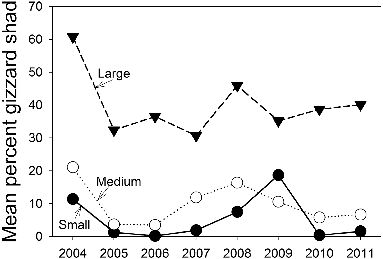 Figure 5. Mean percent of wet weight of gizzard shad in the diets of small (<150 mm TL), medium (150–229 mm TL), and large (≥230 mm TL) white crappie in Long Branch Lake, 2004–2011.