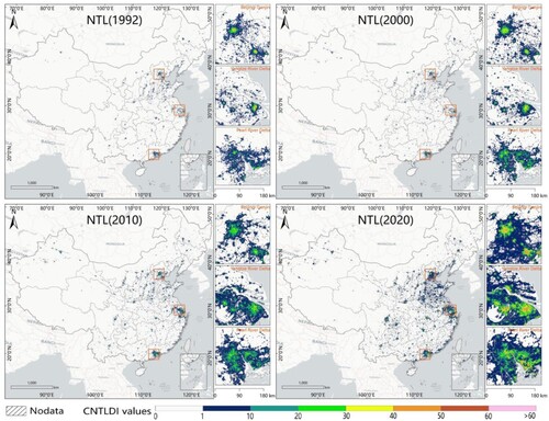 Figure 3. The results of CNTLDI data for the years 1992, 2000, and 2010 and VIIRS-DNB data for the year 2020.