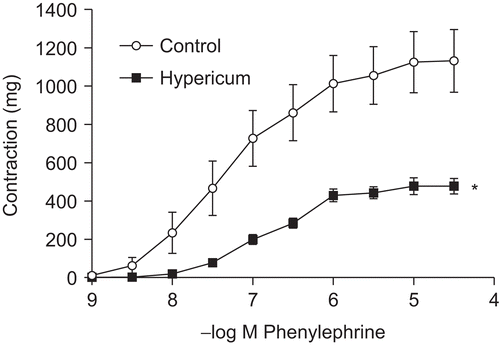 Figure 1.  Effect of HP (0.05 mg/ml) on phenylephrine contraction in aortic rings with endothelium. *p < 0.05 control vs. Hypericum.