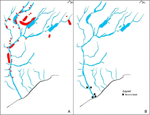 Figure 6 Weka grounds and reserves in the Waitaki catchment. A, Weka grounds pre-European settlement. B, Reserves allocated post-European settlement.Note: Adapted by K. Nelson from the Beattie 1920s' map and Beattie (Citation1945).