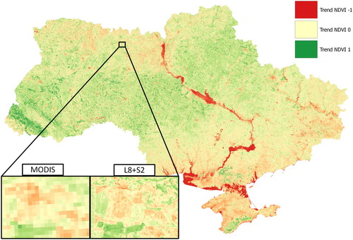 Figure 9. Comparison coarse resolution productivity map based on MODIS data and our high-resolution productivity map for Ukraine territory for the year 2017.