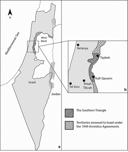 Figure 1. a: territories annexed to Israel under the 1949 armistice agreement with the Kingdom of Jordan. b: the Southern Triangle and its proximity to Jewish urban centers.