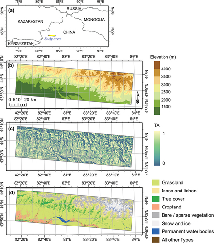 Figure 1. An overview of the study area. (a) Location of the study area, (b) elevation derived from the NASADEM product, (c) transformed aspect (TA), and (d) land cover map at 30 m spatial resolution compiled from the ESA WorldCover 2021 land cover map V2.