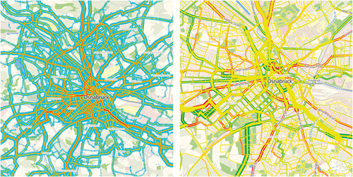 Figure 2. Initial data collection in Osnabrück: main route network (left) and attractions (right). (own figure based on bike Citizens Analytics and OpenStreetMap).