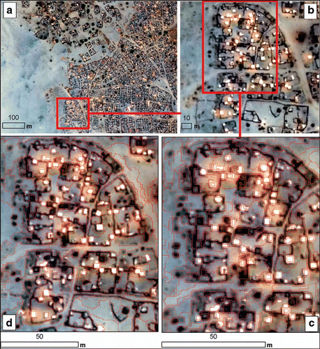 Figure 6. Temporary settlement area: The entire image as segmented (a) and the subset used for visualization (b). Traditional huts appear as dark gray/black whereas tents show up as bright white. Exemplary segmentation results were achieved with scale parameters of 18 (c) and 35 (d).