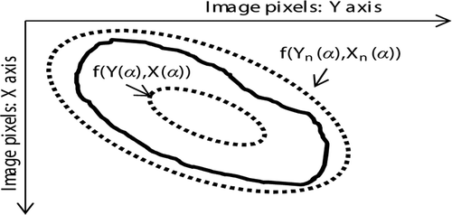 FIGURE 3 The outer ellipse f (Y(α), X(α)) and the inner ellipse n f(Yn(α), Xn(α)).