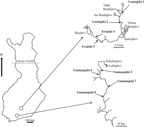 Figs 1. Map of Finland and locations of sampling points in Evojoki, Luutajoki and Vantaanjoki.