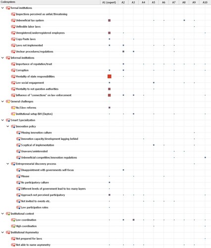 Figure 3. Emerging themes and sub-themes and codes of the 1rst round of interviews (source: screenshot from MaxQDA).