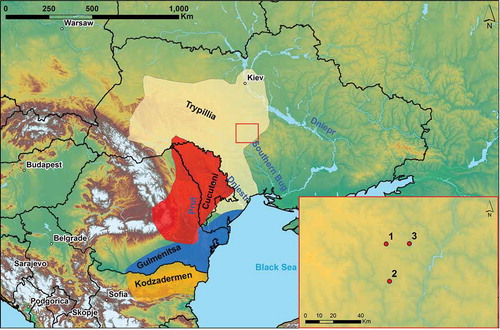 Fig. 2. Location of Cucuteni-Trypillia network; inset – location of sites mentioned in the text. 1. Taljanky; 2. Nebelivka; 3. Majdanetskoe (Source: Marco Nebbia)