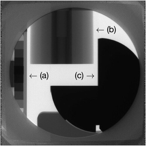 Figure 2. Multi-calibration target consisting of three calibration objects: (a) the step wedge, (b) the Abel cylinder, and (c) the L-rolled edge.