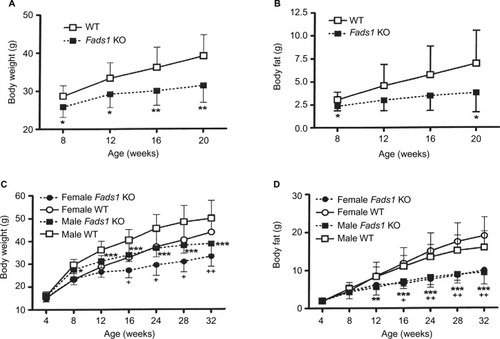 Figure 2 Fads1 KO mice have low body weight and body fat: time course data.