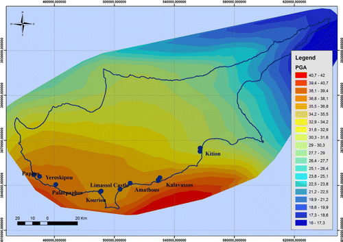 Figure 5.  Map showing the seismic hazard for Cyprus. PGA values for the island of Cyprus (percentage of average gravity of earth). Data source: Cyprus Geological Survey.
