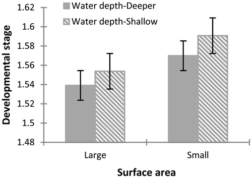 Figure 4 Differences observed at 30 days after the start of the experiment in the developmental stage of Physalaemus albonotatus tadpoles exposed to different water depths and surface areas. The values are means (± SE). The development stage is increased significantly for tadpoles raised in containers with small surface area compared to one with large surface area. No significant difference was observed in the interaction of both factors.