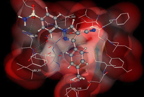 Figure 4.  3D View from a molecular modeling study, of the minimum-energy structure of the complex of 9b docked in COX-2 (PDB ID: 1CX2). Viewed using Molecular Operating Environment (MOE) module.