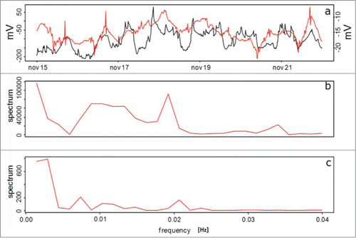 Figure 5. (A) EP of Persea americana plants, measured with the Keithley voltmeter setup (red line) and with the electrophysiological sensor setup (black line), during the water restriction period (B) Spectral analysis for a well-watered plant. (C) Spectral analysis for a water stressed plant, both during the water restriction period.