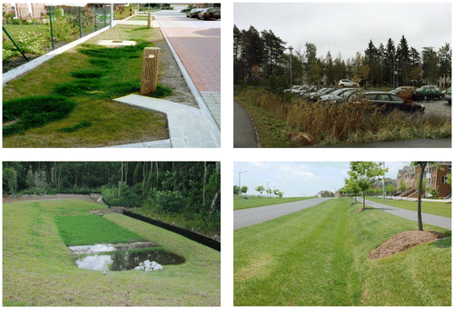 Figure 12. (clockwise from top left) Example swales in Germany, Sweden and Maryland, USA. A filter strip in North Carolina, USA.