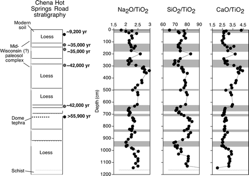 FIGURE 6 Loess stratigraphy, radiocarbon ages, and possible correlations (CitationMuhs et al., 2003a) at the Chena Hot Springs Road section. Gray-filled circles are radiocarbon ages of humic acid extractions, black-filled circles are radiocarbon ages of charcoal. Also shown are plots of Na2O/TiO2, SiO2/TiO2, and CaO/TiO2 in the section. Gray shades mark paleosols.