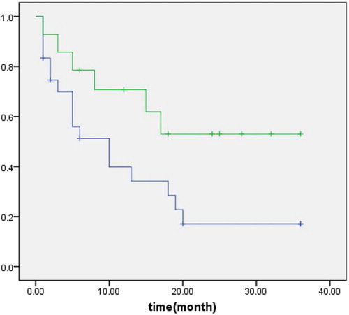 Figure 4 Disease-free survival of patients with PGI-DLBCL. Upper line: low Mad2 expression; lower line: high Mad2 expression.