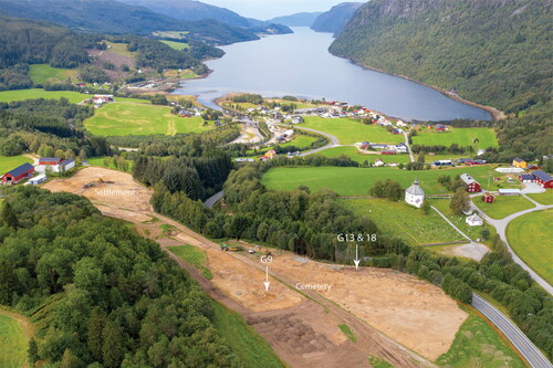 Fig 2 Aerial view overlooking the cemetery (foreground) during excavation in 2019 and the village of vinjeøra beyond, looking South-west. Photograph by Raymond Sauvage, © NTNU University Museum.