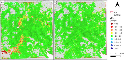Figure A2. Synthetic datasets of up-down (a) and East-West (b) ground displacement rates derived from the data fusion of PSs resulting from A-DInSAR analyses of S1 and CSK SAR images.